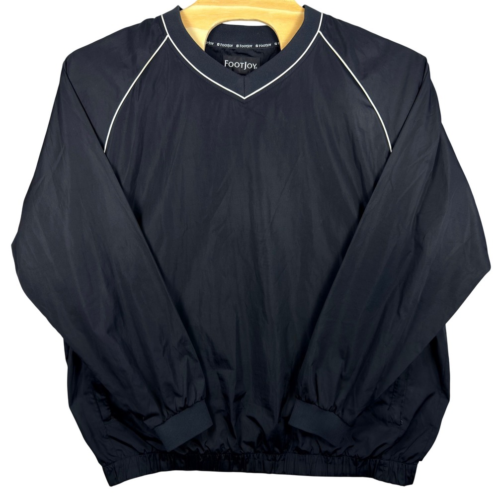 FootJoy Mens XXL Black V-Neck Golf Windbreaker‎ Pullover Long Sleeve Jacket Logo